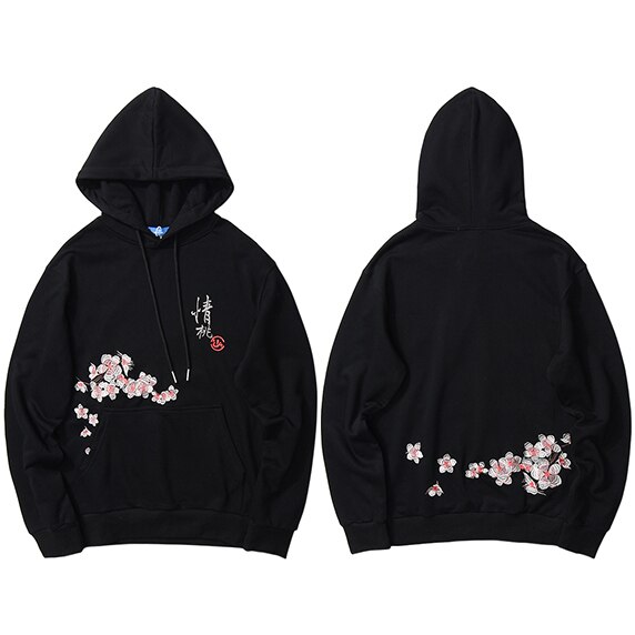 Hip Hop Men Streetwear Hoodie Chinese Kanji Peach Blossom Embroidery Sweatshirt Autumn Casual Floral Hooded Pullover Black: A448133 Black / Asian XXL