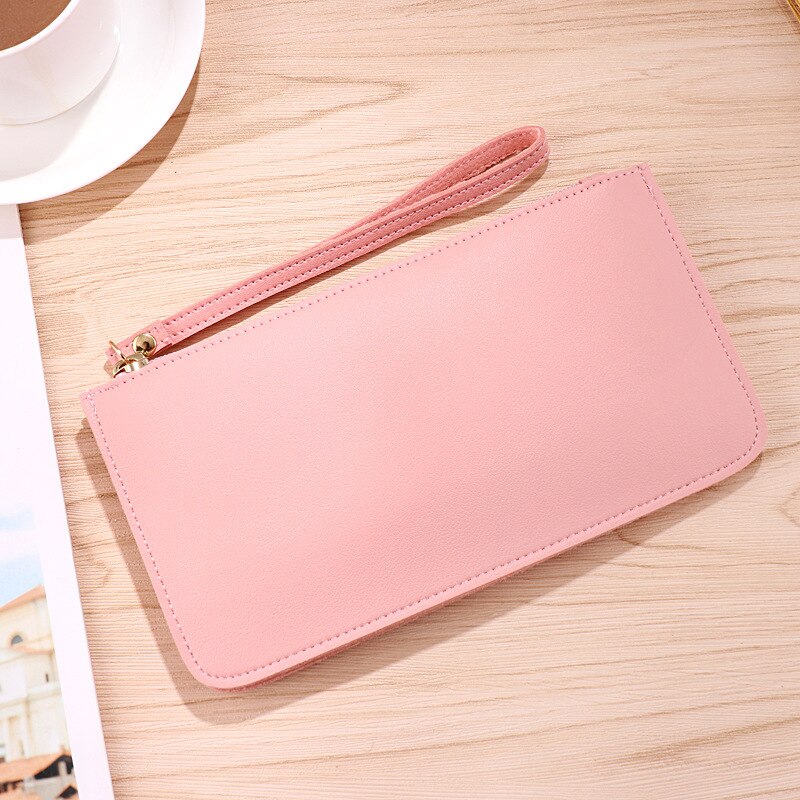Mode Lange Vrouwen Effen Rits Portemonnee Portemonnee Clutch PU Lederen Telefoon Kaarthouder Meisjes Polsbandje Riem tas: Roze