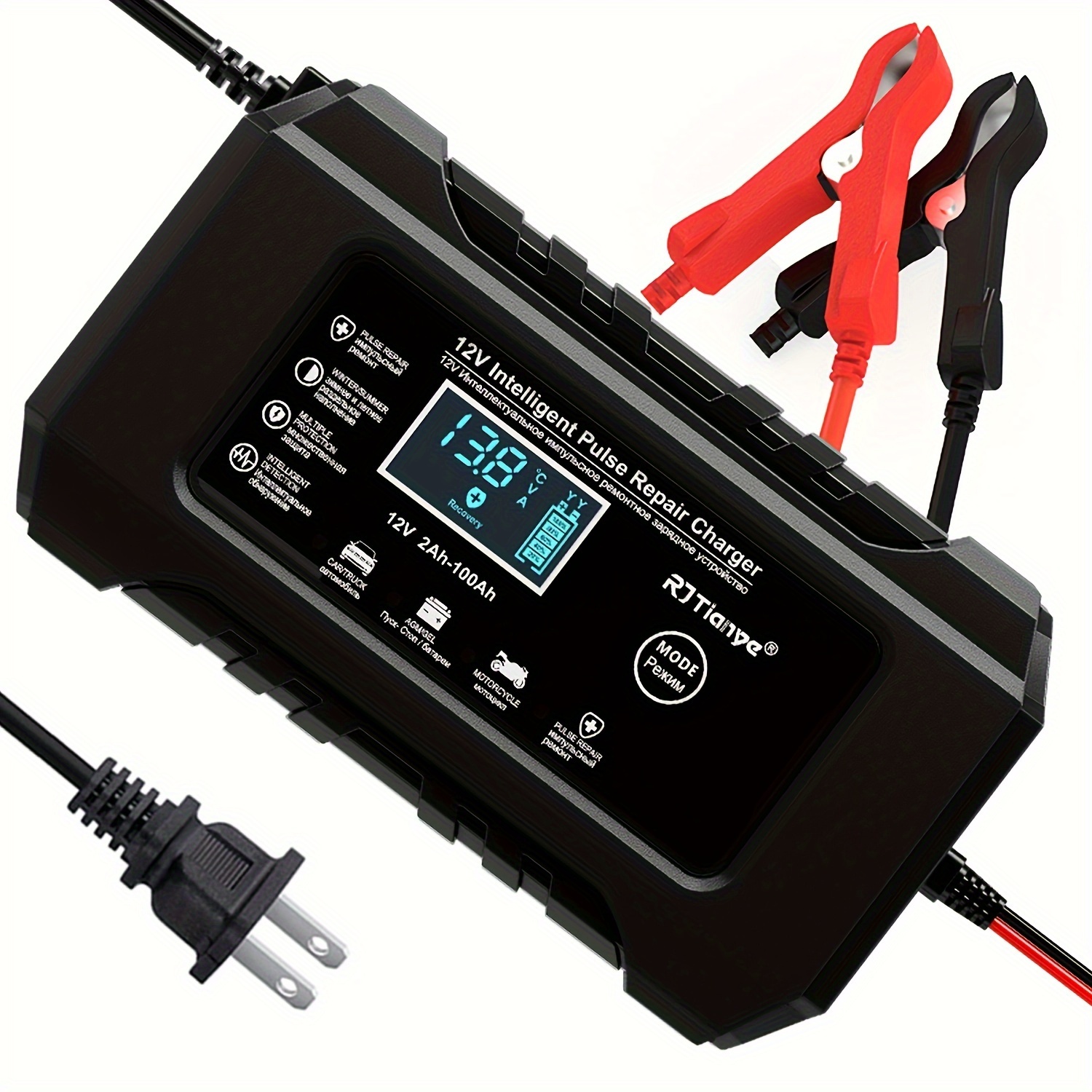 12V 6A Intelligentes Impuls-Reparatur-Batterieladegerät mit LCD-Display für Auto, Motorrad, SUV: Lavendel