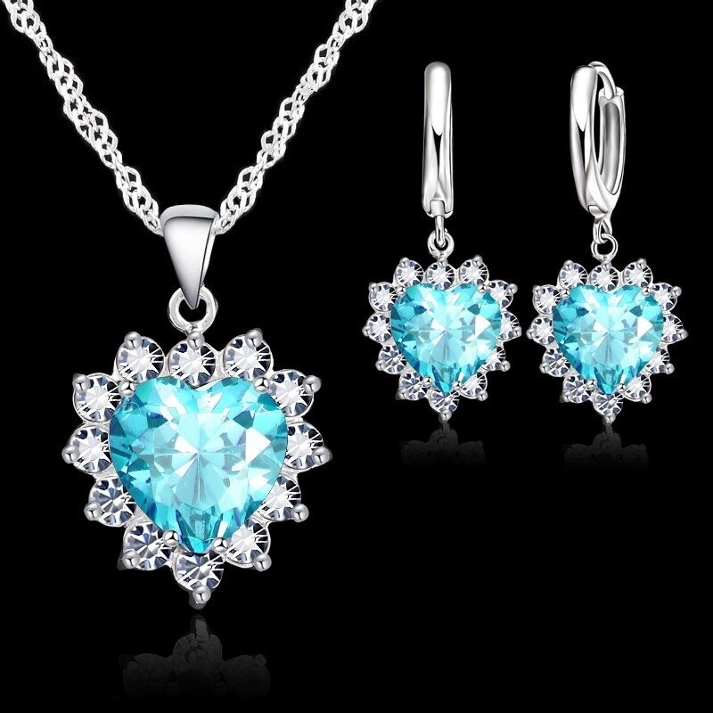 Conjunto de joyería de plata de ley 925 para mujer, colgante de corazón de piedra CZ, collar, pendientes, de cumpleaños