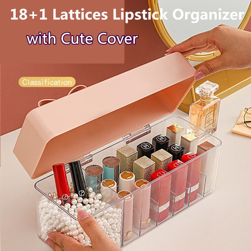 Makeup Lipstick Organizer with Cute Lid 18+1 Lattices Lipstick Storage Case with 250g White Pearls Cosmetic Lipstick Box