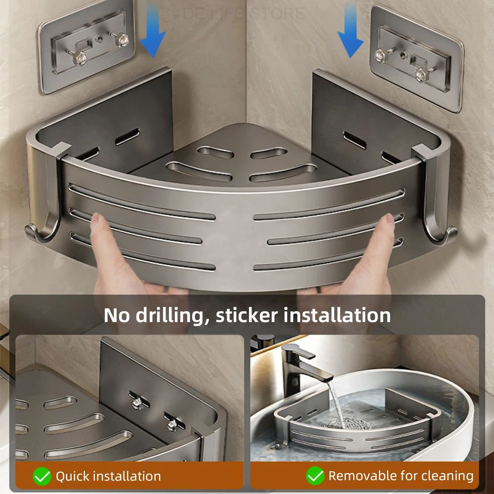 1-2PCS Badezimmer Eckregal mit Kunststoff Haken Handtuchhalter Kein Bohrenraum Aluminium Dusche Lagerregal Badezimmer Organizer