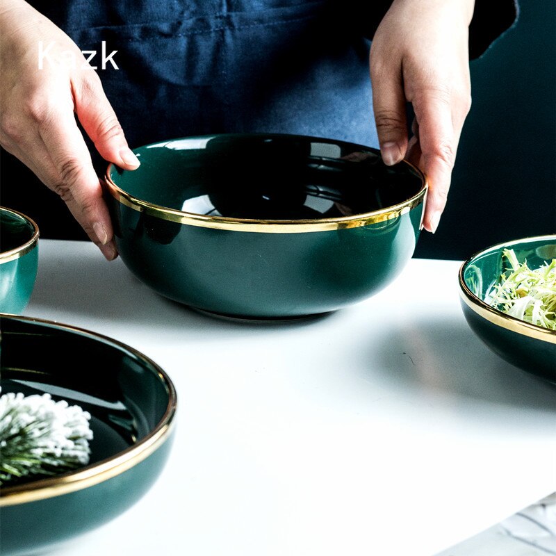 Light Luxury Gold Edge Ceramic Plate Household Steak Pasta Diner Plate Fish Dishes Dessert Bowl Kitchen Decor Tableware Sets