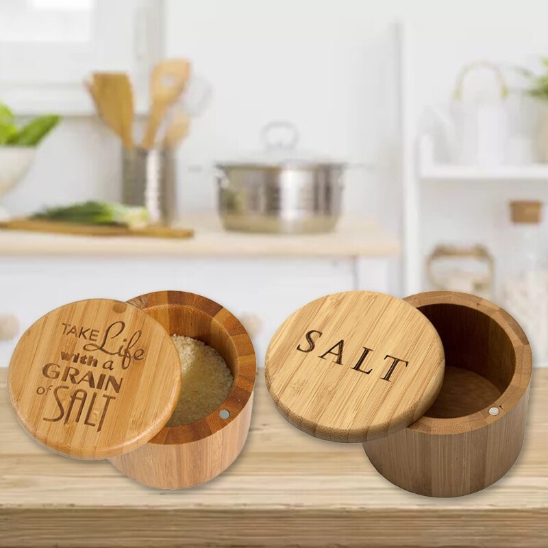 Bamboo Wood Spice Storage Box with Round Swivel Lid Cover Natural and Eco-Friendly Salt Condiment Jar for Chili Curry Sugar