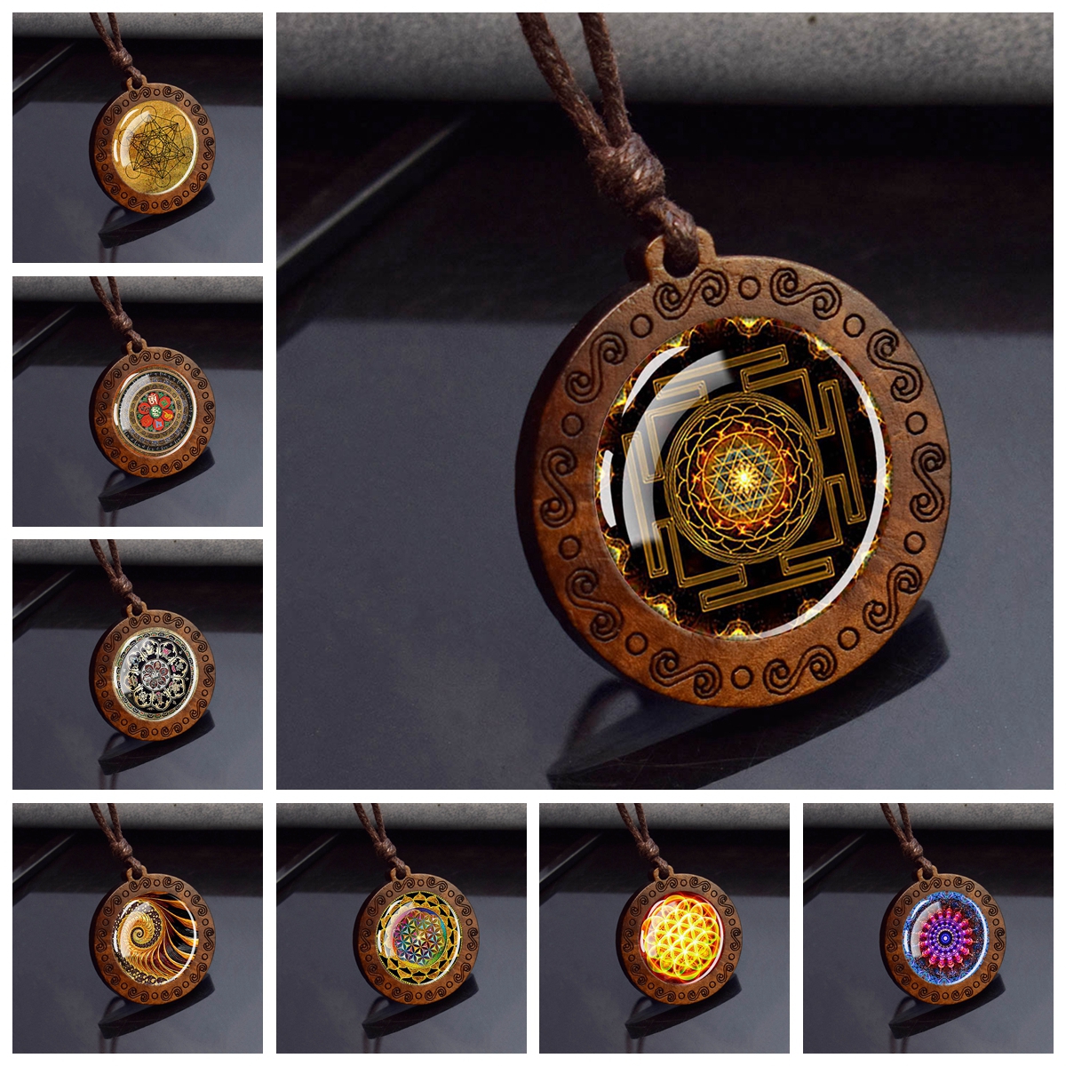 Sri Yantra Mandala Glas Halskette Holz Anhänger buddhistische heilige Geometrie Schmuck spirituelle Yoga