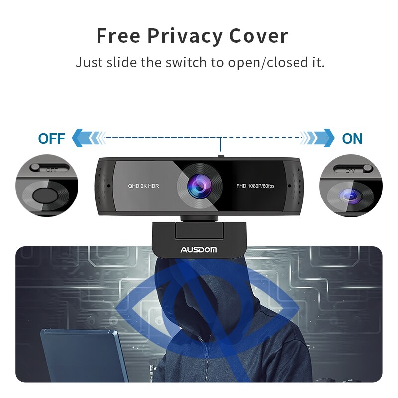 Ausdom aw651 qhd 2k hdr 30fps webcam autofocus 1080p 60fps câmera web com microfones de cancelamento de ruído e cobertura de privacidade livre para ao vivo