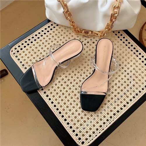 Doorzichtige slangenbezweerde open teen sandalen dames spikes effen hoge hakken slippers vierkante neus gladiator sandalen vrouw: Zwart / 5