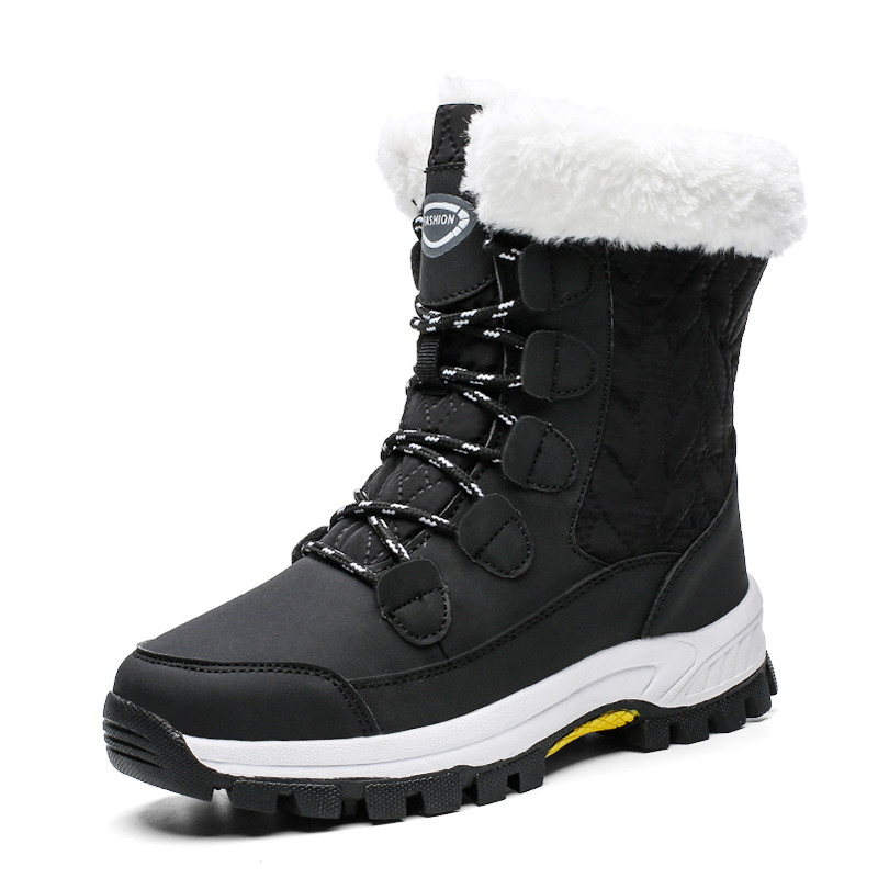 Pinsen Winter Vrouwen Snowboots Warme Push Mid-Kalf Laarzen Vrouwen Platform Vrouwelijke Lace-Up waterdicht Botas Mujer: Black / 6.5