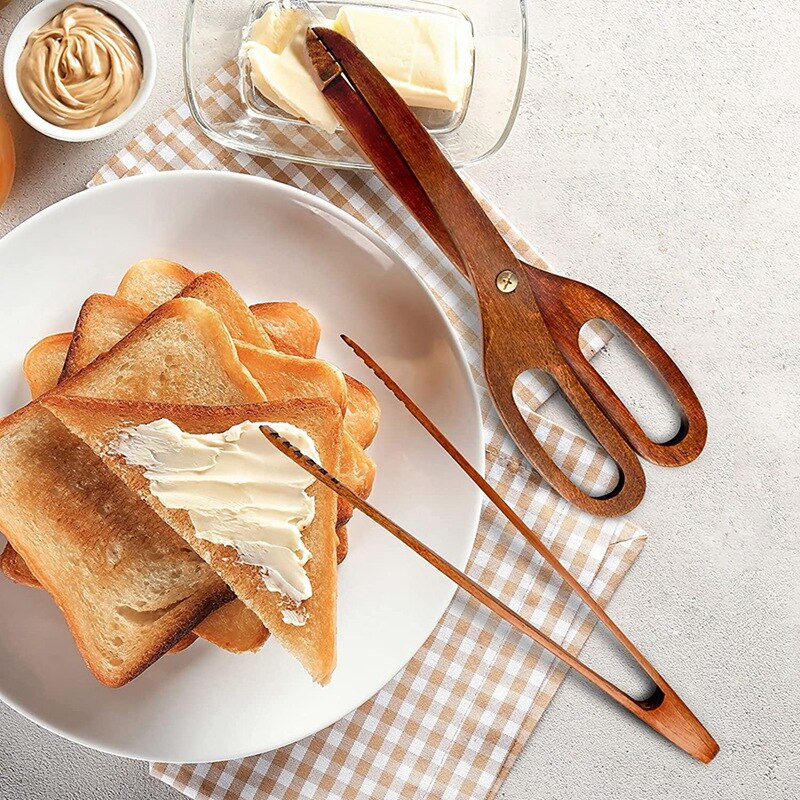2 Packs Toaster Tongs Reusable Wood Cooking Tongs Scissor Wooden Kitchen Toast Barbecue Tongs BBQ Clip Buffet Food Tongs