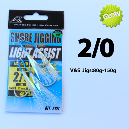 JK Fishing Hooks Sea Glow 1/0 2/0 3/0 4/0 Fish Assist Hook Twins Double Fishery Fishhooks Jig Slow Feather for Fishing Attract