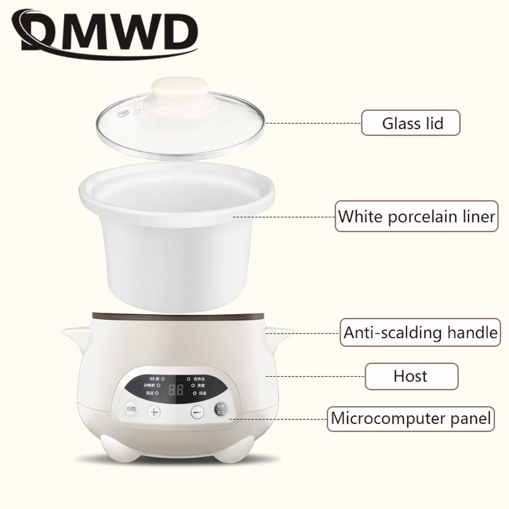 DMWD Household Electric Stewing Pot 1.2L Soup Pot Mini Slower Cooker Porridge Casserole White Porcelain Liner Breakfast Machine