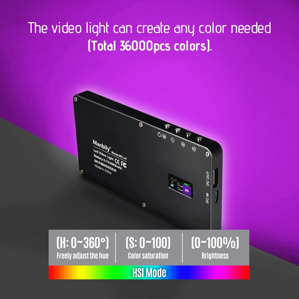 Manbily mfl -07 bærbar rgb led video lyspanel dæmpbar 3000k-6500k mini lommefotografering fyld lys med oled skærm