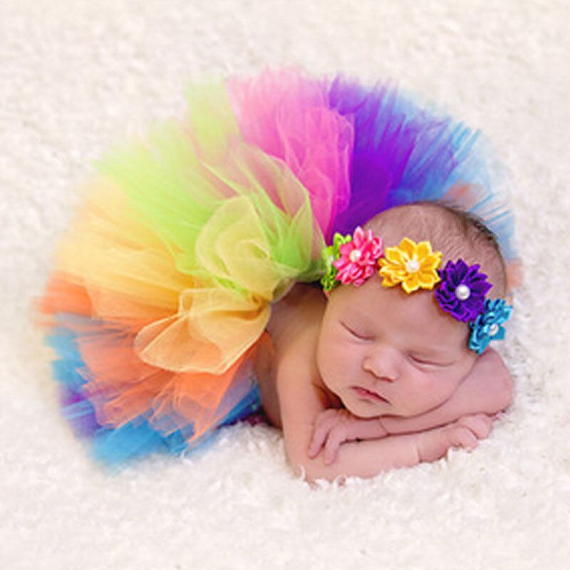 Baby Headdress flower+Tutu Rainbow Skirt 2PCS Newborn Infant Girls Photography Prop Outfit 0-4 Month