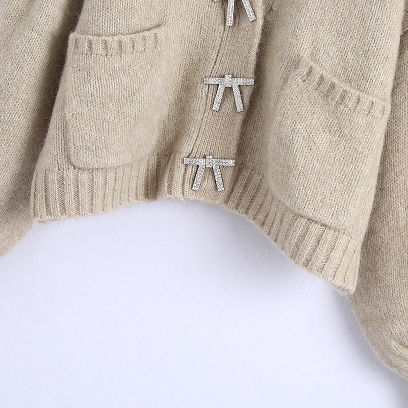 Pull ample à col en v pour femme, cardigan à poches, manches lanternes, pull court, pour femme