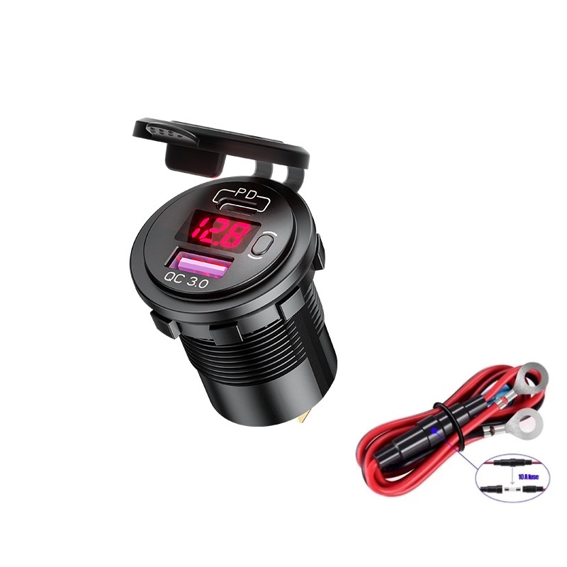 Pd Type C Usb Car Charger Socket En Qc 3.0 Quick Charger 12V/24V Auto Stopcontact socket Met Led Voltmeter Aan/Uit Schakelaar: Red-Line