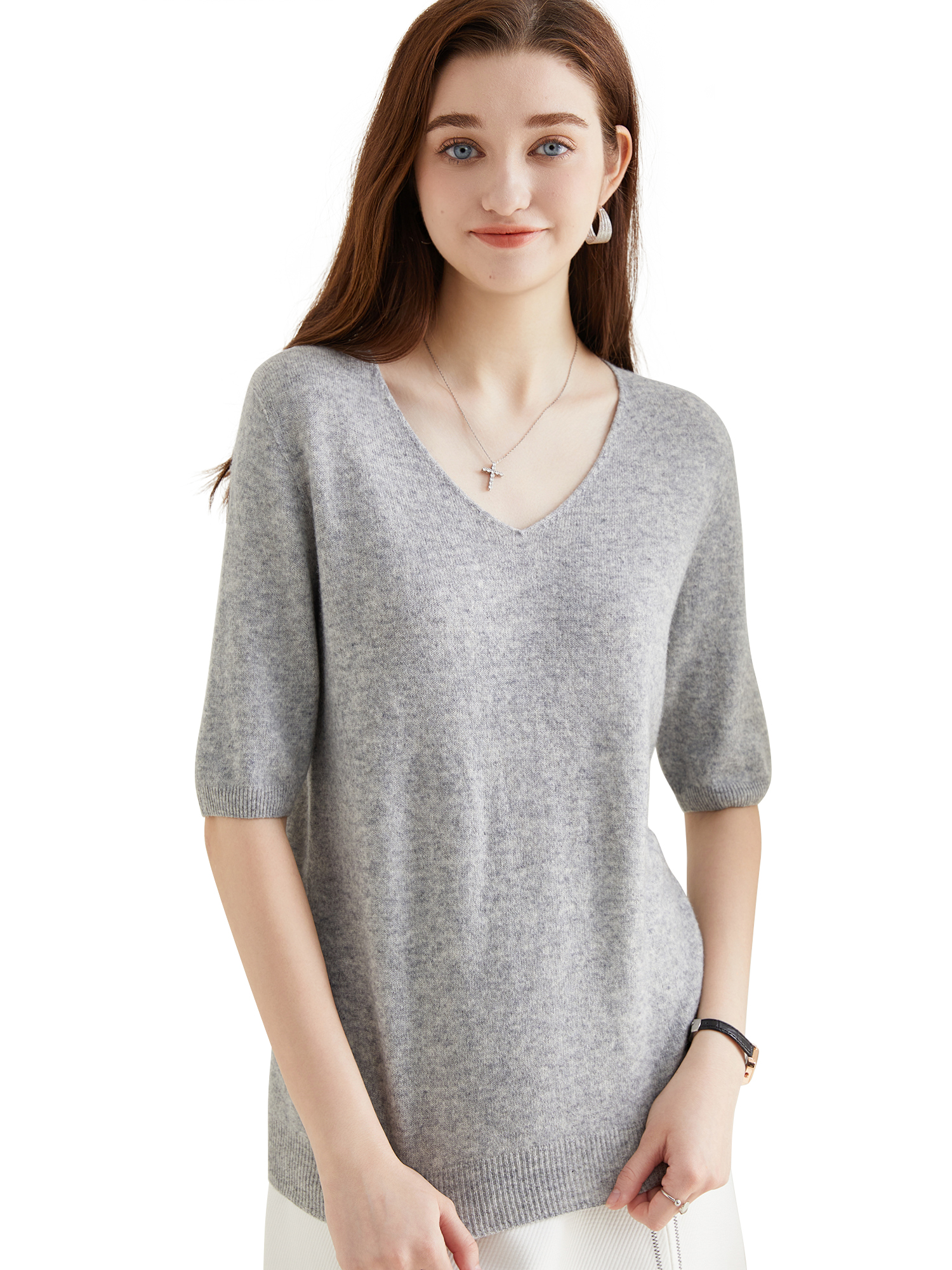 Women's Sweater 100% Merino Wool Sweater for Women Pullover Short Sleeve Tops Spring Summer V Neck Soft Knitted Female Clothing: XXL / GRAY