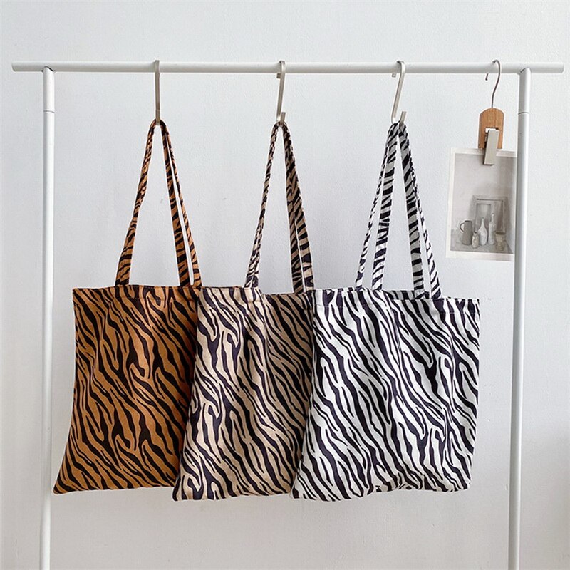 Funmardi Mode Zebra Gedrukt Shopping Tassen Canvas Vrouwelijke Handtassen Trendy Schoudertas Hoge Capaciteit Tas WLHB2386