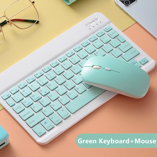 Teclado y ratón inalámbricos con Bluetooth, accesorio de 10 pulgadas para Ipad, teléfono, tableta, portátil, recargable, para Samsung y Xiaomi: Green and Mouse