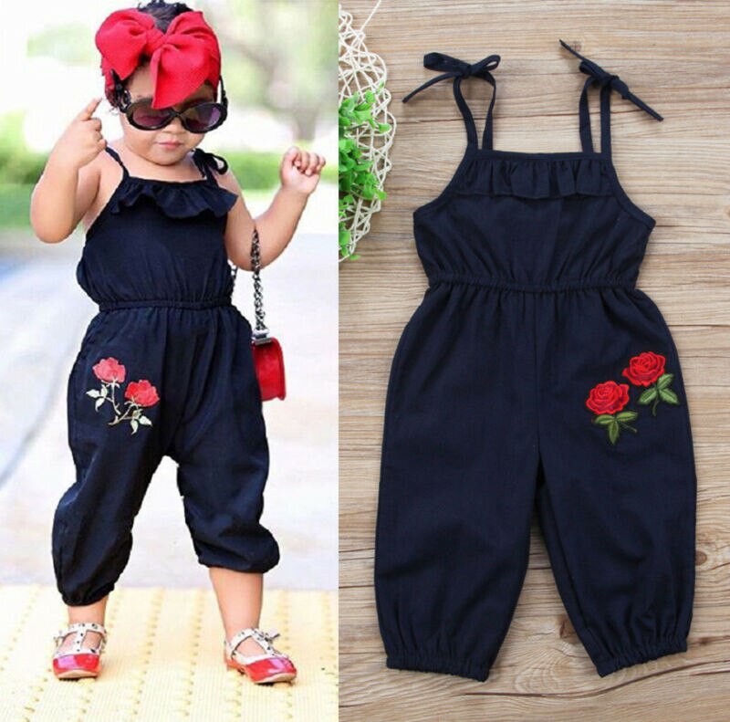 Röd ros tryck sommar flickor overall barn flickor rem blomma ärmlös romper jumpsuit playsuit outfits kläder 1-6y