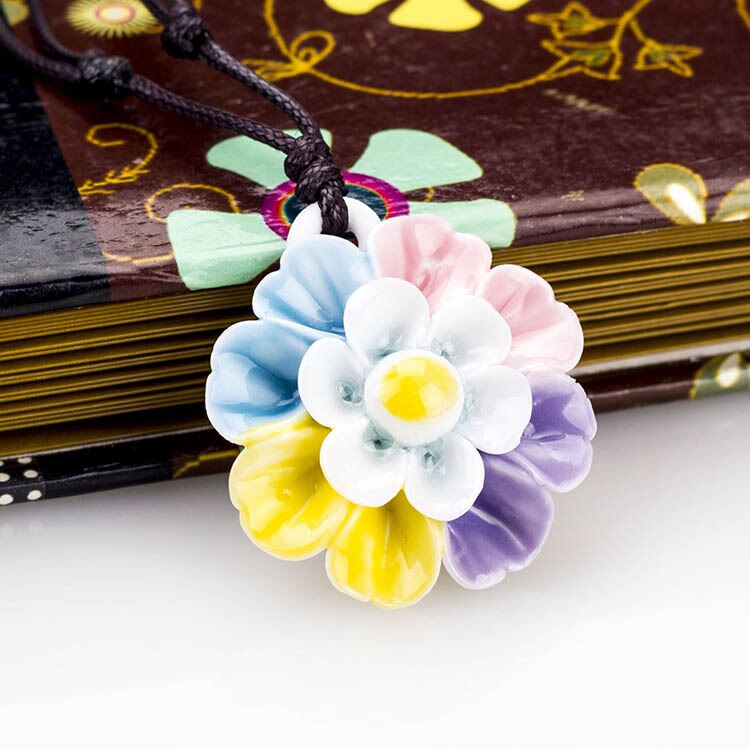 Vintage Stijl Blauw En Wit Keramische Handgemaakte Lotus Bloem Hanger Ketting Chinese Stijl Etnische Stijl Lange Ketting Vrouwen Lady: Multicolor 01