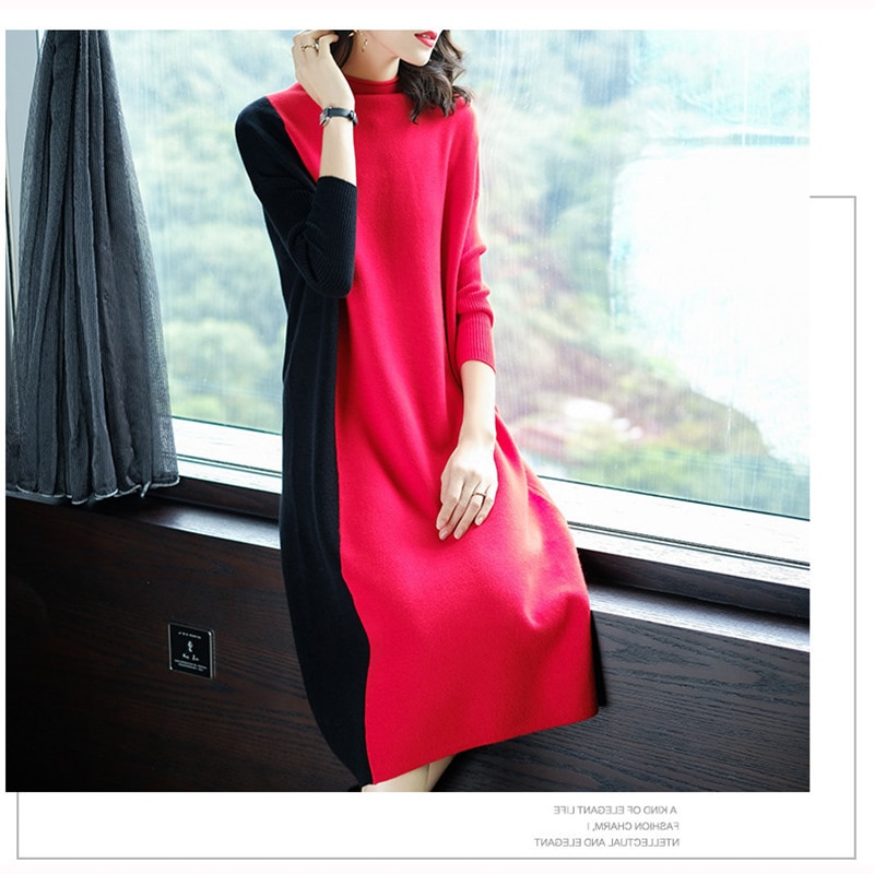 Winter mit langen ärmeln pullover kleid weibliche schwangere-stil farbe passende casual kleid weibliche gerade strickte schwangere frau