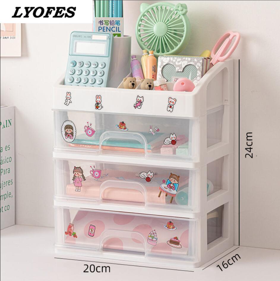 Organizador de escritorio de varios niveles, caja de almacenamiento de escritorio, pegatina gratis, escuela, transparente, accesorios de papelería: Small -3 layer