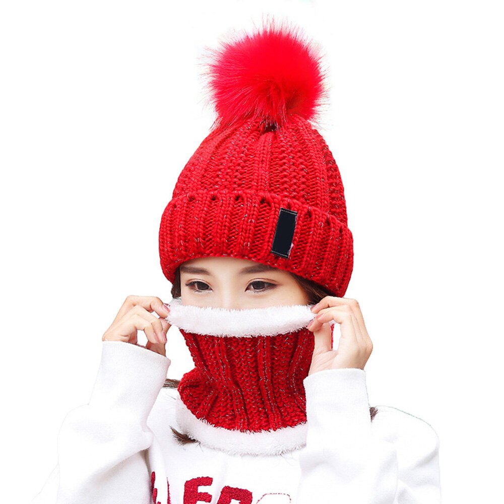 Set Cappello Sciarpa - Set 2 Pezzi Berretto Lana Lavorata a Maglia con Pompon - Fodera in Pile per Attività all'Aperto: Rosso