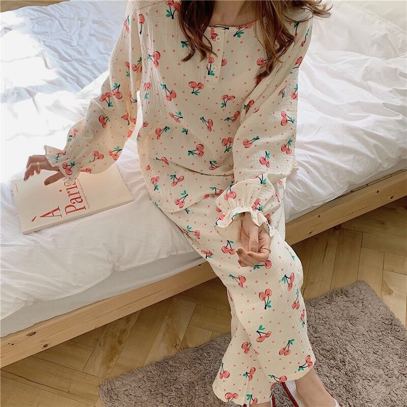 Summer Cotton Pajamas Set For Women Long Sleeve Print Thin Women's Sleepwear Loose Female Nightwear