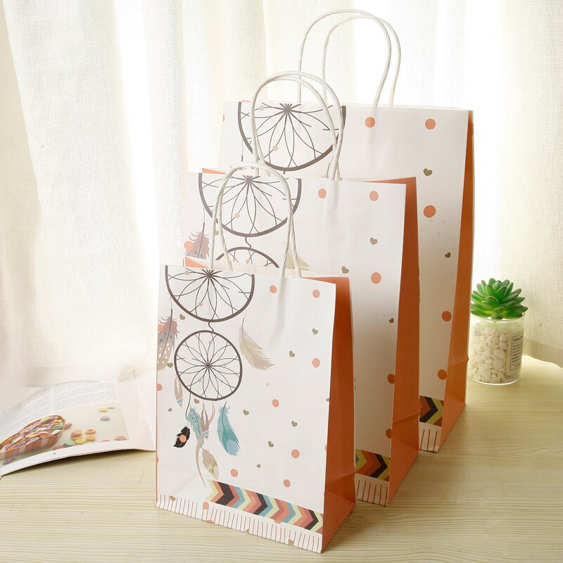 10Pcs Dromerige Kraft Papieren Zakken Met Handvat Dream Catcher Papieren Zakken Nieuwjaar Wedding Party Gunst Deco Pakket 22x16cm: Oranje