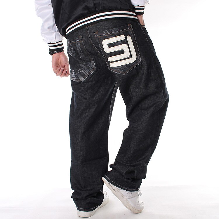 Sorte baggy jeans til mænd hip hop cholyl skateboard bukser løs stil ægte hiphop rap jeans dreng: 46