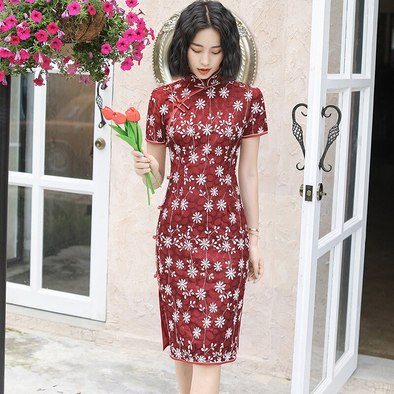 Autumn Printed Lace Qipao Chinese Dress Short Sleeve Knee Length Cheongsam Dress Chinese Traditional Dresses