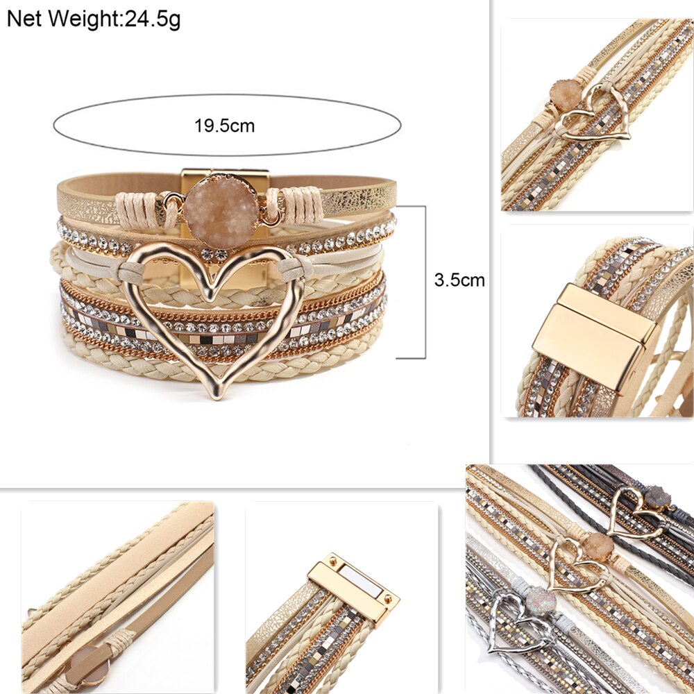 ALLYES Metall Liebe Herz Charme Leder Armbinde für Frauen mehrschichtig Strass Harz Geflochtene wickeln Armbinde Paar Schmuck