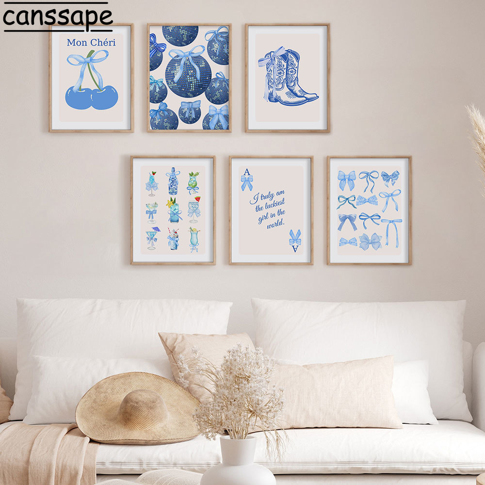 Blauwe cowboylaarzen muurkunst strik poster discobal canvas schilderijen print preppy meisje woonkamer esthetische decoratie