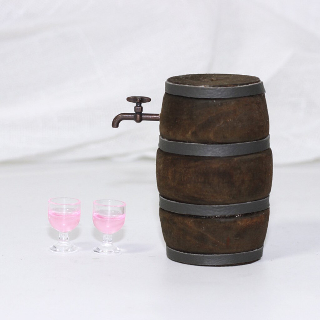 1/12 Schaal Dollhouse Keuken Bar Decoratie Accessoires Miniatuur Houten Wijn Vat Mini Bier Vat Speelgoed: 1 Keg 2 Pink Cups