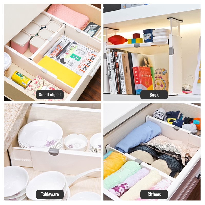 Separadores de cajones de dos tamaños de primavera en blanco, organizador de dormitorio de cocina extensible cargado