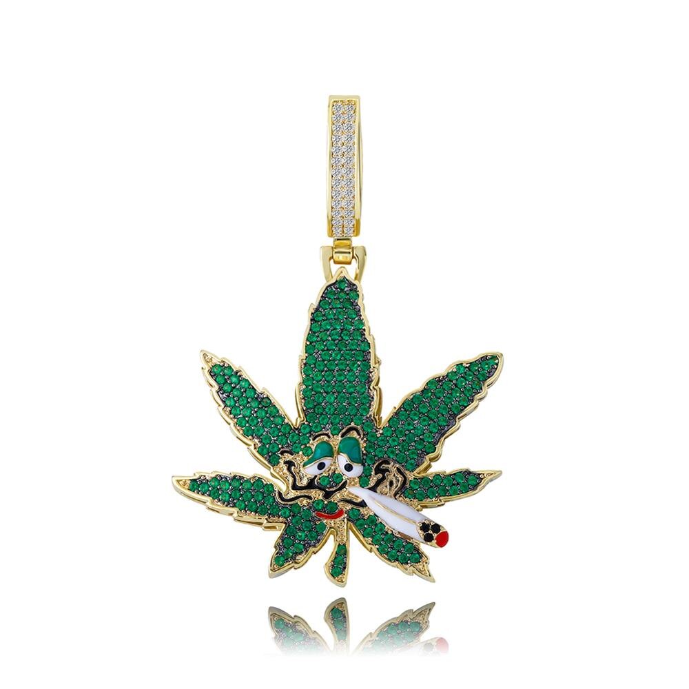 TOPGRILLZ Green Maple Leaf Anhänger Eis Aus Zirkonia Anhänger Bling CZ Charme Hip-hop Schmuck: Rope chain / 18inch