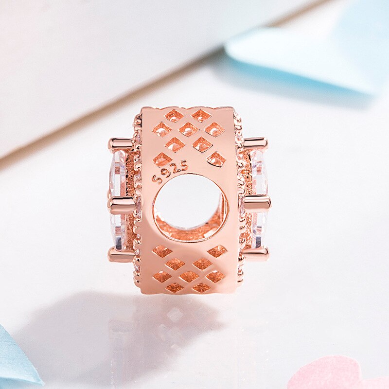 Echt 925 Sterling Zilveren Kralen Rose Goud Vierkante Kristal Kralen Fit Charm Armbanden &amp; Ketting Vrouwen Diy Sieraden