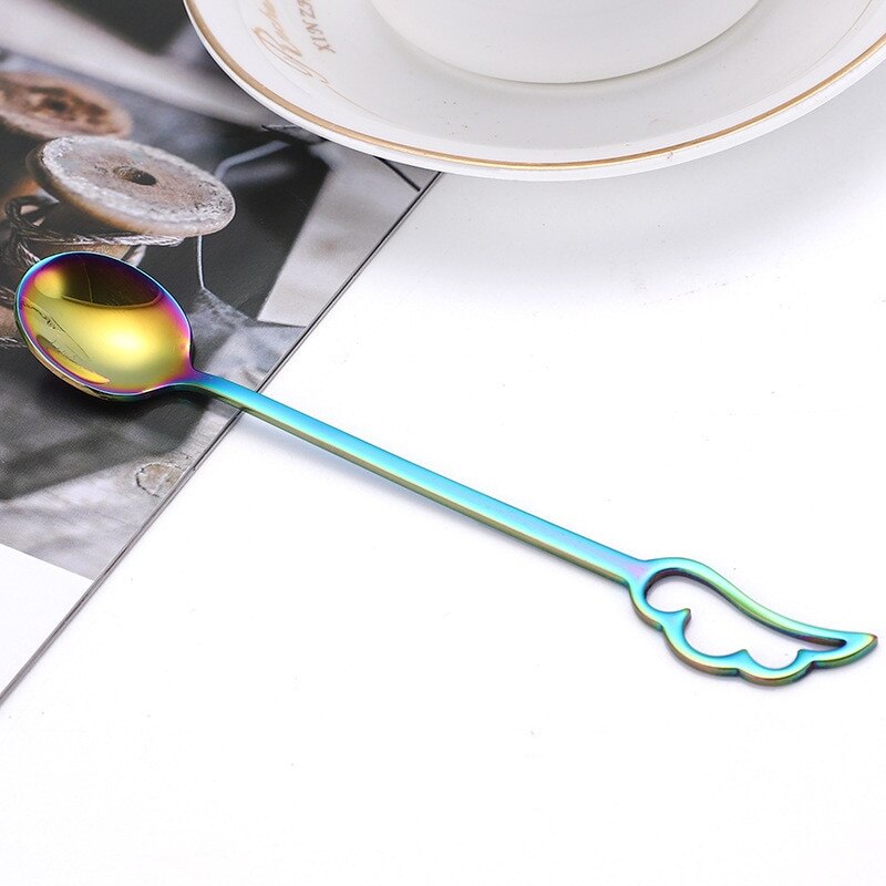 Stainless Steel Spoons Lovely Wing Shape Coffee Cup Spoon Ice Cream Dessert Teaspoon Hanging Scoop Tableware 15cm，1PC: multicolor