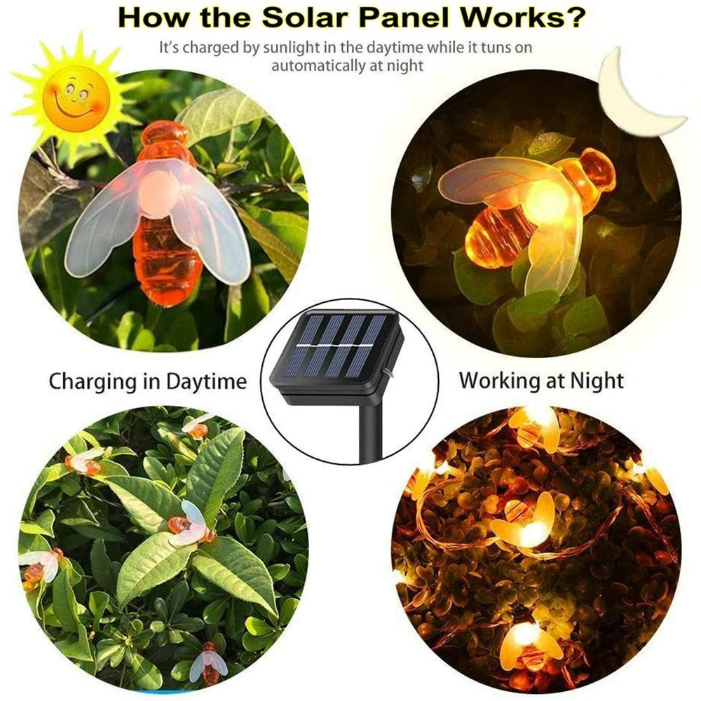 USB/Battery/Solar Powered String Lights Waterproof 20 Cute Honeybee LED Lights Home Outdoor Party Garden Garland