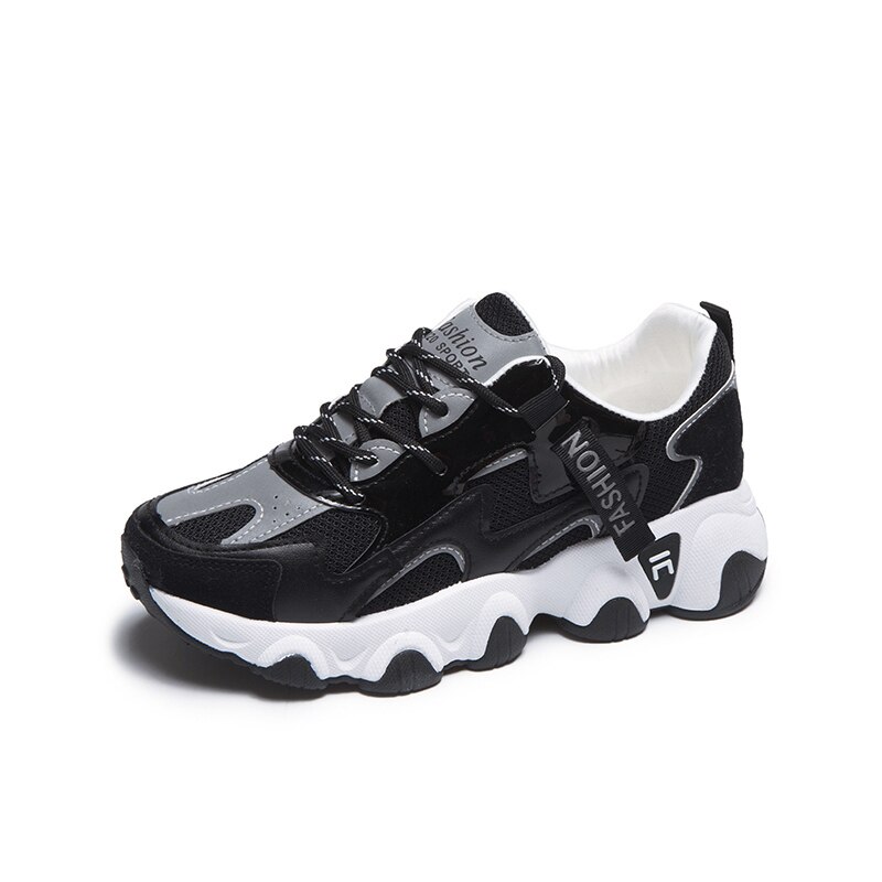 Reflecterende Bling Verhoogd Sneakers Vrouwen Eenvoudige Pu Mesh Stiksels Skinny Lace-Up Vrouwen Schoenen: Black / 6