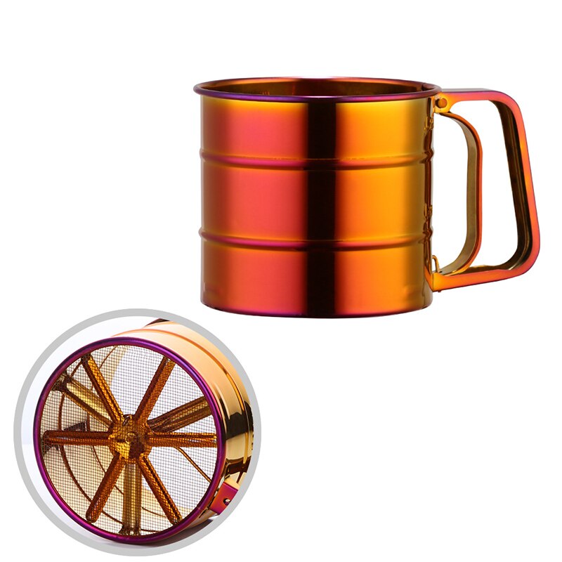 Goldene Manuelle Edelstahl Mehl Sieb Backen Gebäck Werkzeuge haltbar Backformen Zucker Shaker metall Gittergewebe Sieb tasse Küche Gerät: Regenbogen Nein.3