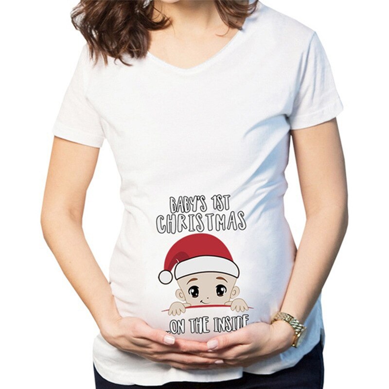T-shirt de maternité drôle pour les femmes enceintes joyeux noël vêtements de grossesse hauts amples bébé 1st noël imprimer t-shirt