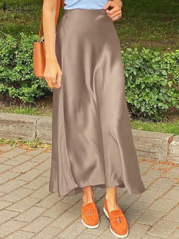 ZANZEA Woman Spring Autumn Satin Silk Skirt Work OL Back Zipper Faldas Saia Jupe Casual Party Solid Sundress 2023: S / Khaki