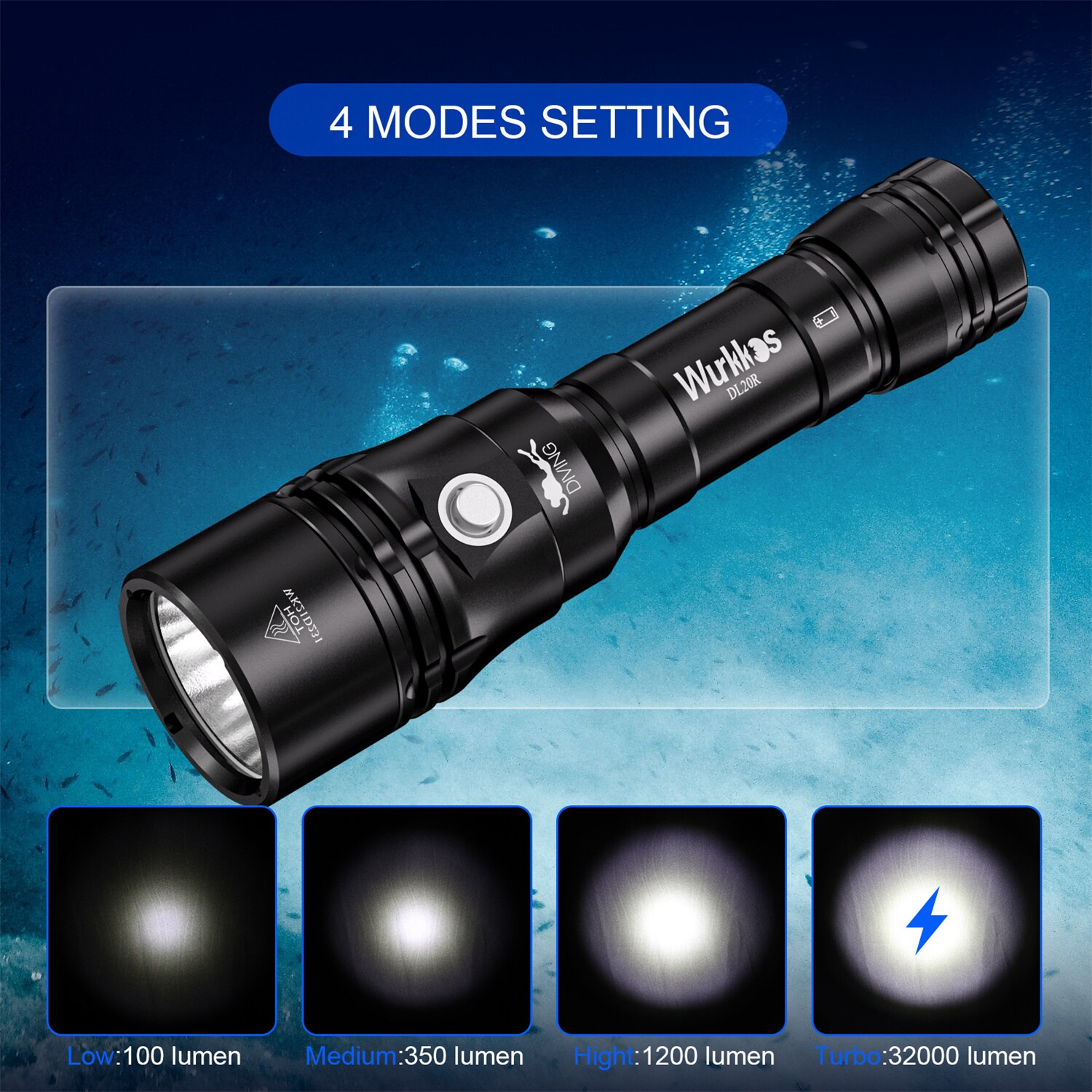 Wurkkos DL20R Diving Flashlight Rechargeable 18650 LED Scube Light IPX-8 Waterproof Cree XHP50.2 3200lm Hidden USB-C Port ATR