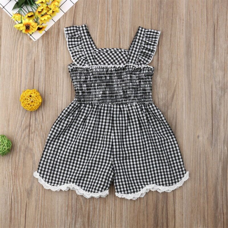 Barn bebis flicka rutig overall ärmlös rosett jumpsuit i ett stycke playsuit shorts sommarkläder outfit soldräkt 1-6t