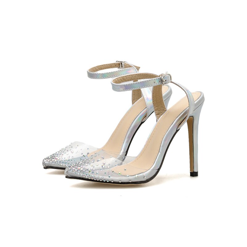 rhinestone PVC transparent shoes stilettos high heels sandals women pointed toe party silver party wedding shoes: 7.5