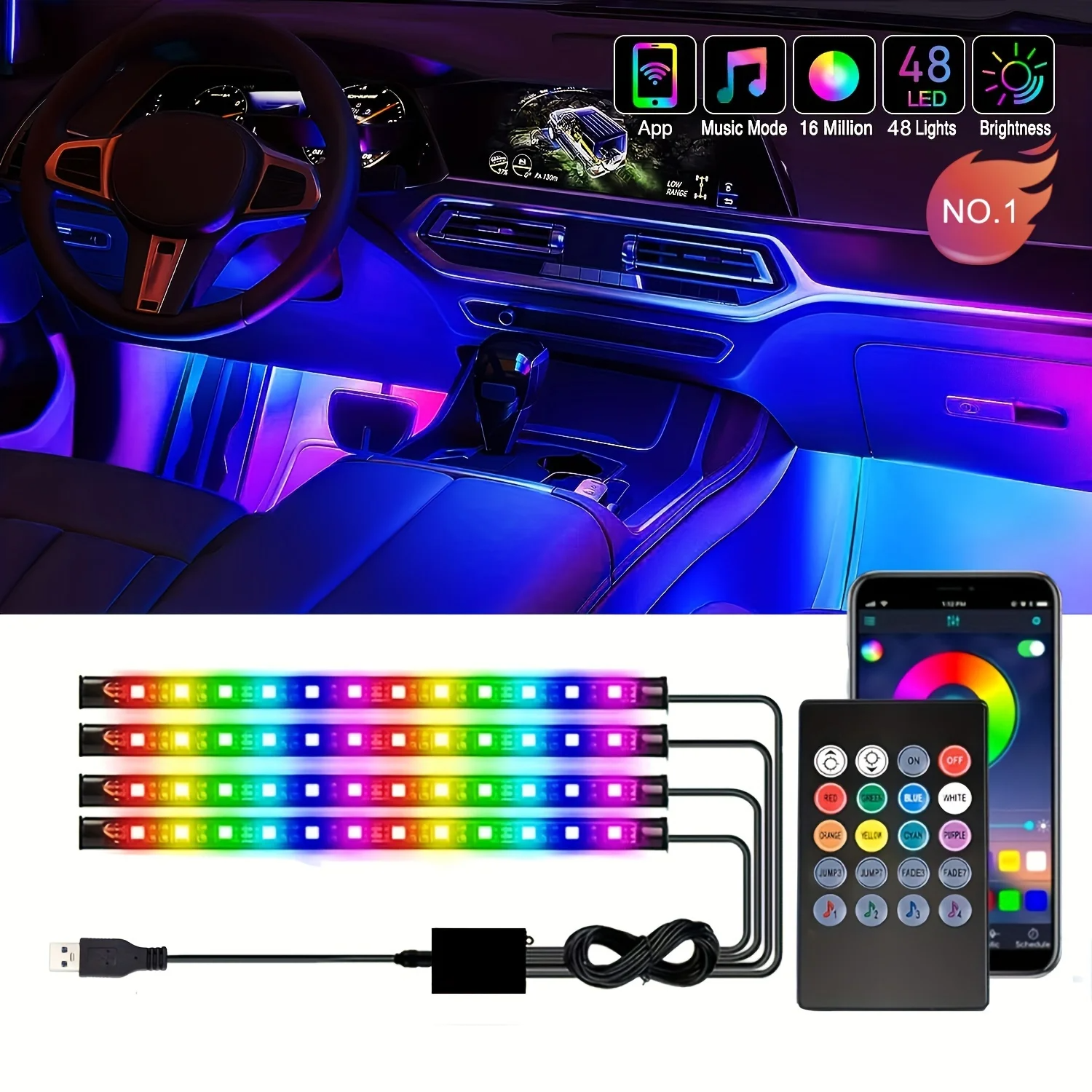 Lámpara LED de pie ambiental para Interior de coche con Control remoto inalámbrico USB, lámpara de neón de ambiente decorativo automático, barra LED, accesorios para coche