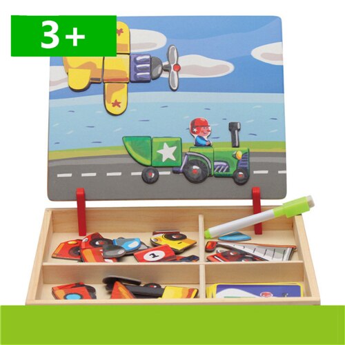 Kids Wooden Puzzles Educational Toys Animals/ Vehicle /Circus Drawing Board Magnetic Puzzle Wood Toy For Kids: m-t-120-A