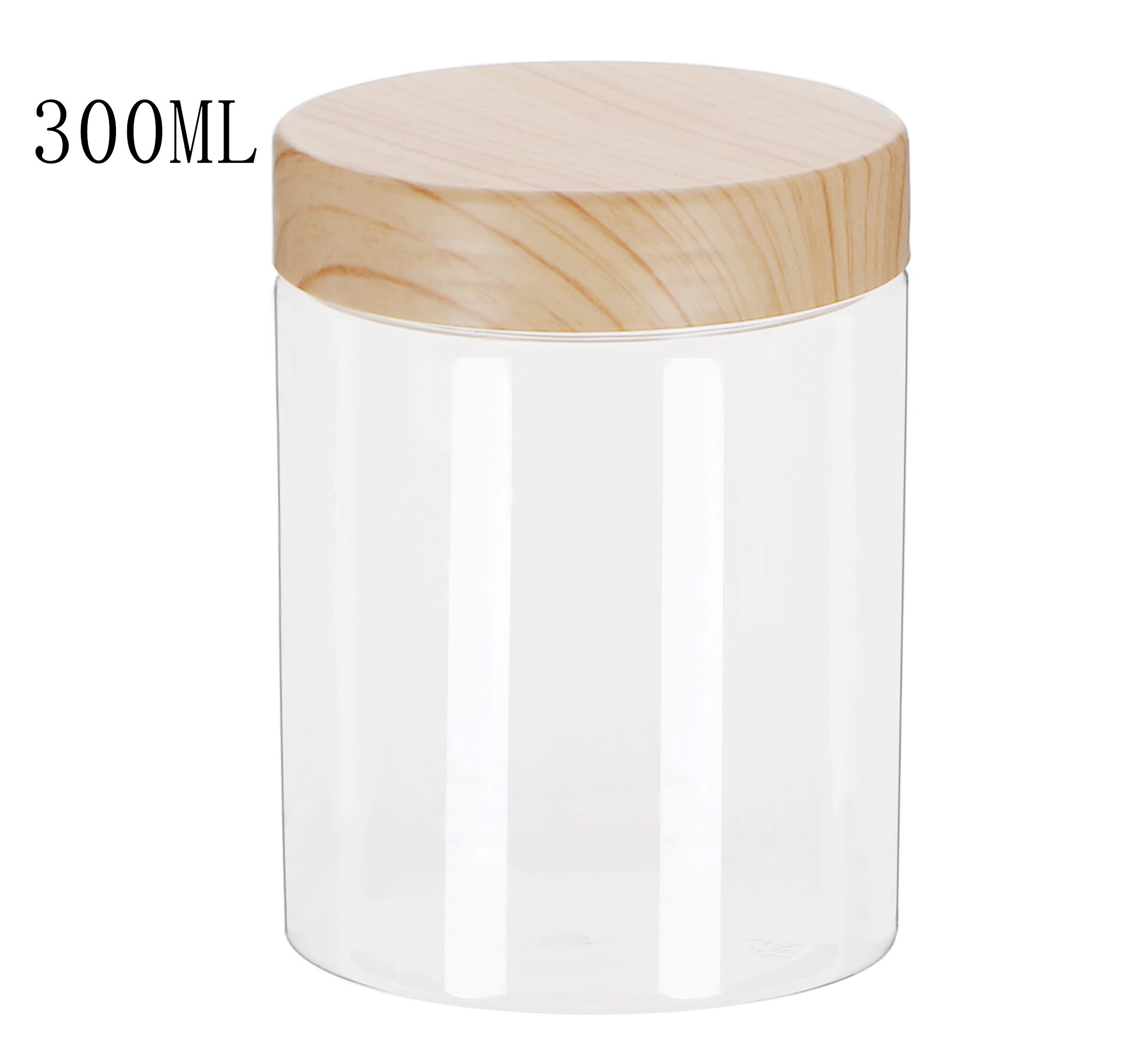 100ml/200ml/300ml/500ml Empty Clear Pet Jars Container With Plastic Imitation Wood Lid Transparent Plastic Storage Bottle: 300ML