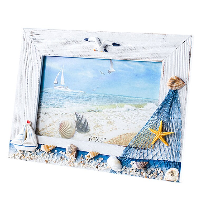 Mediterrane Stijl Oceaan Bureau Houten Zomer Fotolijst Creatieve Babykamer Decoratie 3D Vis Shell Zeester Boot Model 6 Inch